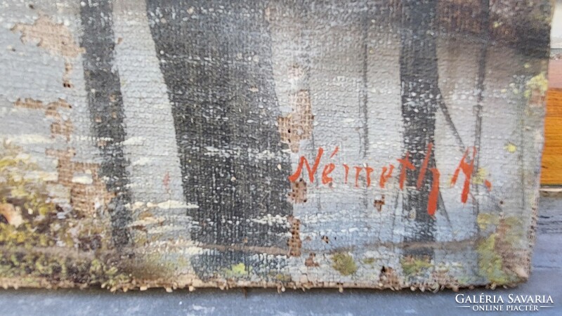 Németh A. jelzéssel antik olaj-vászon falusi táj festmény