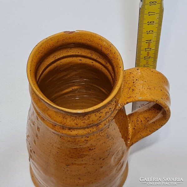 Folk, marked, scratched flower pattern, light brown glazed ceramic mug (2735)