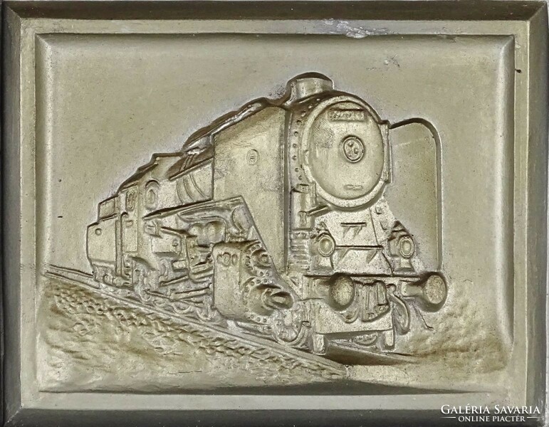 1N929 Régi keretezett gipsz lokomotív vasút plakett 20.5 x 24.5 cm