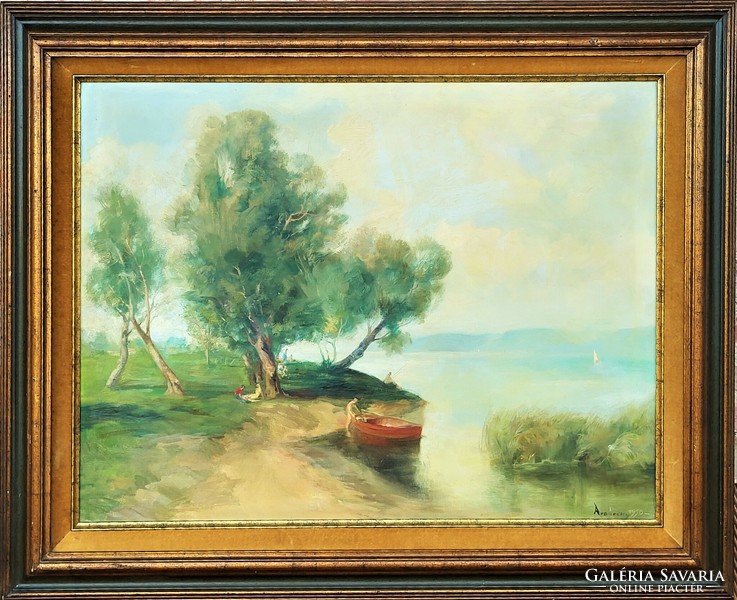 Imre Dobóczky (1911-1973) Balaton landscape 1958 c. Your painting with an original guarantee!