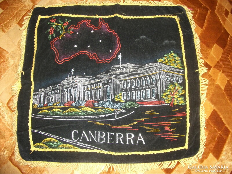 Australia decorative cushion cover with parliament house, black velvet, silk back, fringe