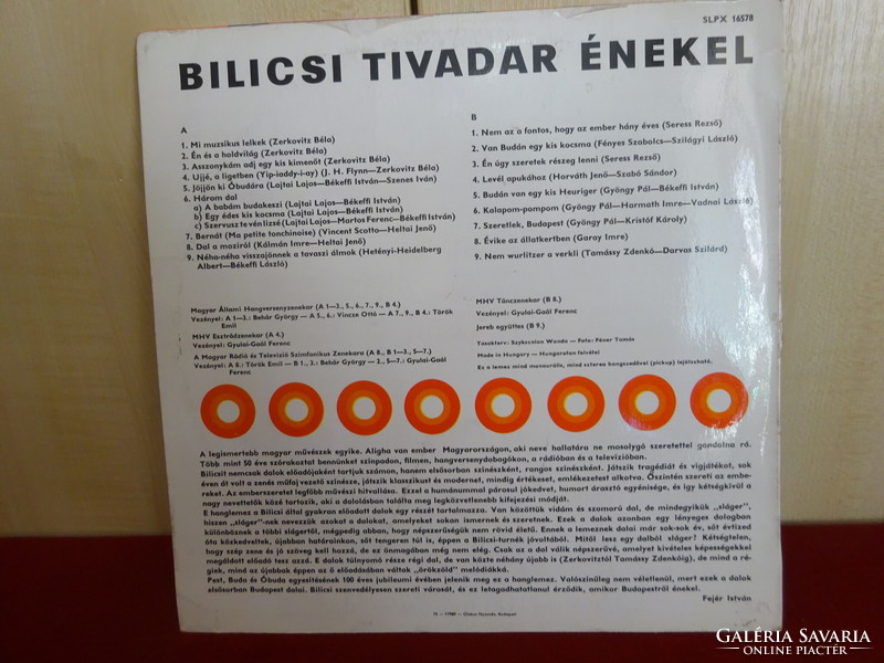 Vinyl LP, qualiton slpx 16578. Bilicsi tivadar sings. Jokai.