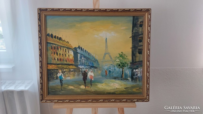 (K) beautiful Parisian street scene painting with frame 58x67 cm