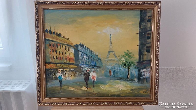 (K) beautiful Parisian street scene painting with frame 58x67 cm