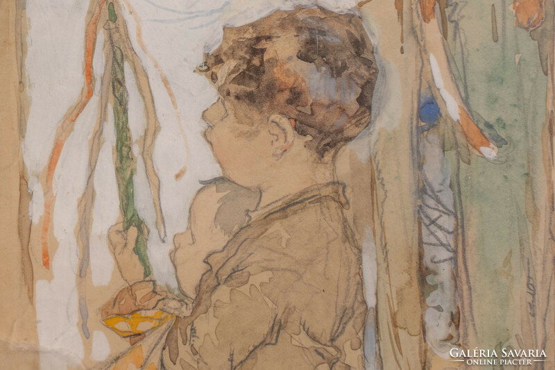 Ismeretlen festő: Locsolkodó kisfiúk, akvarell