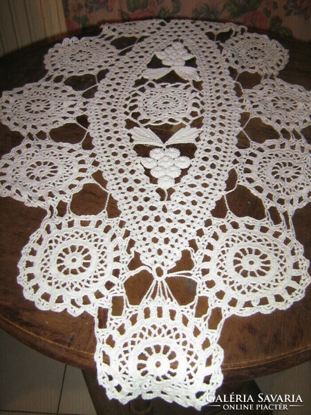 Beautiful special white handmade crocheted grape patterned antique boat shaped lace tablecloth