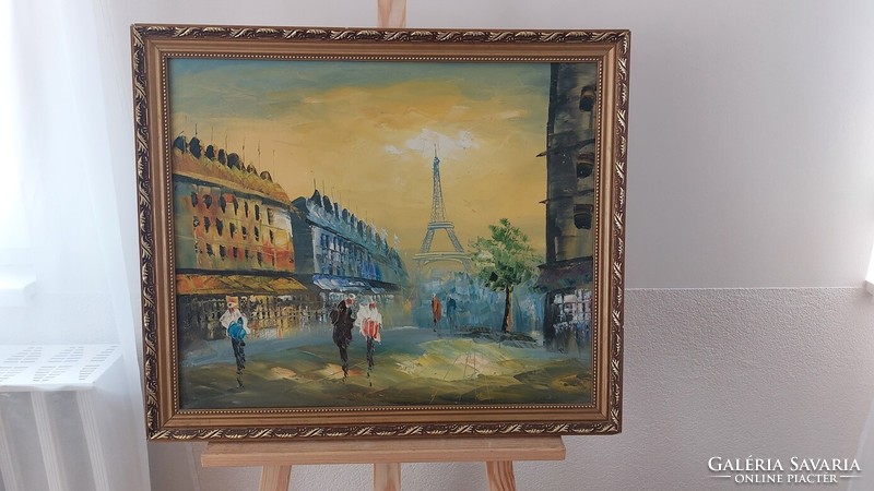 (K) beautiful Parisian street scene painting with frame 58x67 cm