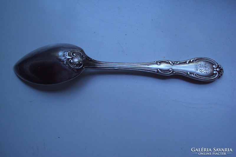 Silver mocha spoon (baby spoon) with baroque decoration.-Engraved monogram with 5-pronged crown