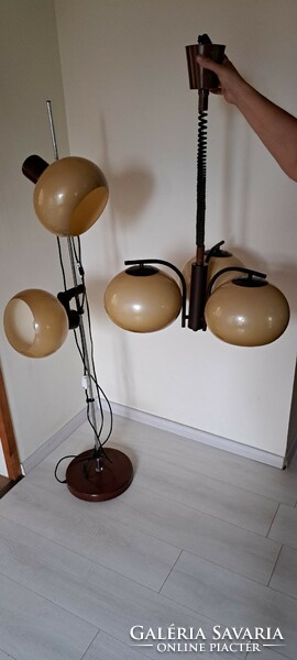 Retro Szarvasi karamell két búrás álló lámpa + hozzátartozó három búrás mennyezeti lámpa