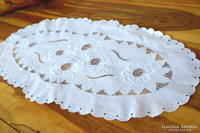 Old antique embroidered rosette lace tablecloth table centerpiece 88 x 43 cm