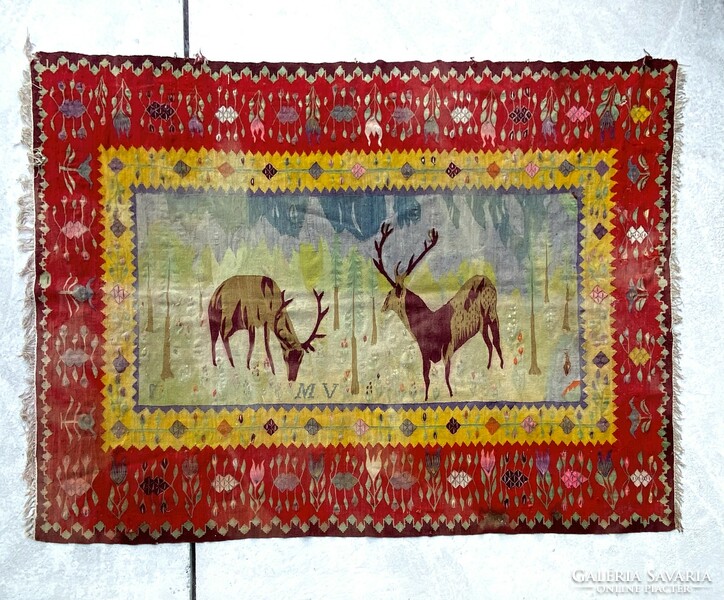 Antique marked (241 x 177 cm) art nouveau tapestry from Gödöllő perhaps (?) with deer decoration