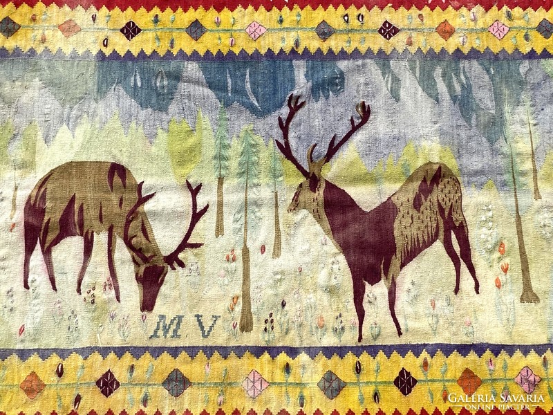 Antique marked (241 x 177 cm) art nouveau tapestry from Gödöllő perhaps (?) with deer decoration