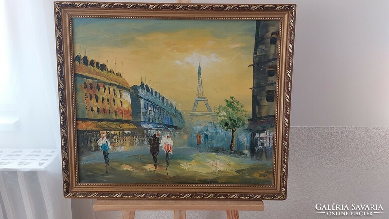 (k) Gyönyörű párizsi utcakép festmény 58x67 cm kerettel