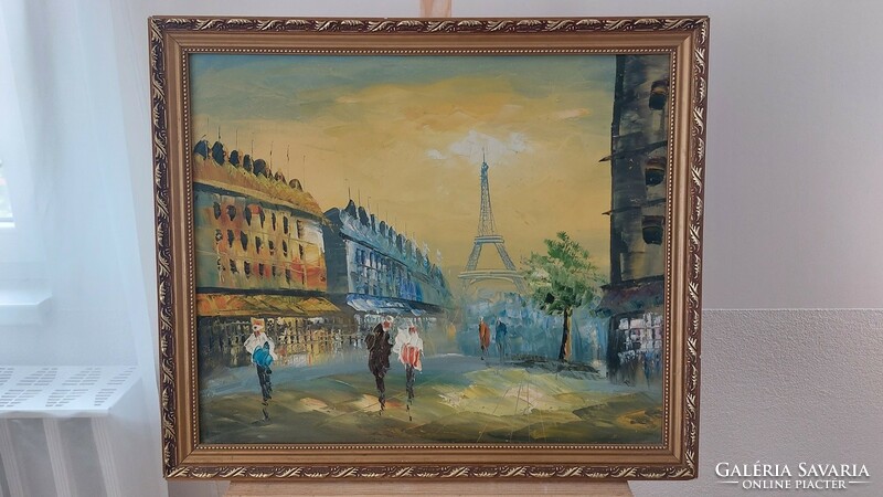 (k) Gyönyörű párizsi utcakép festmény 58x67 cm kerettel