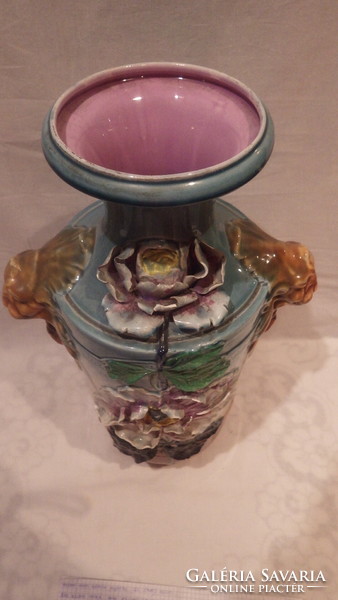 Régi jelzett majolika váza vízköpő fülekkel 50 cm