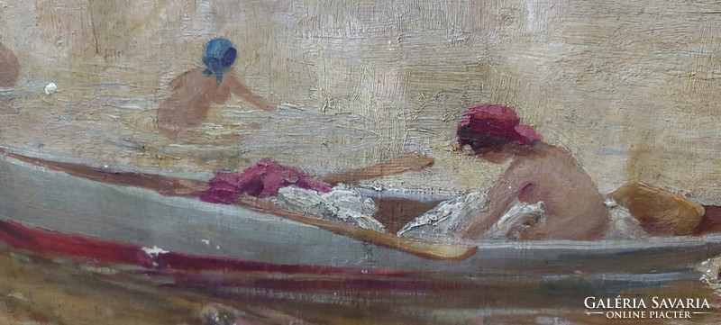 Azonosítatlan , jelzett Orosz, 100 év körüli olaj-vászon festmény, vízpart, fürdőzők