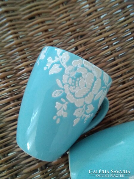 Ceramic cups - in sea blue, with flowers / 2 pcs.