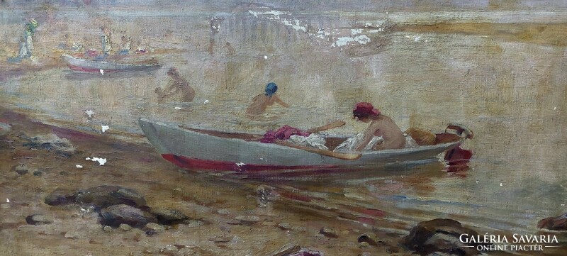 Unidentified, marked Russian oil-on-canvas painting from around 100 years old, waterfront, bathers