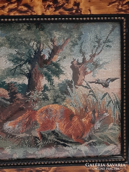 Needle tapestry in a nice old frame, hunting fox, 23.5 x 23.5 cm