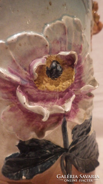 Régi jelzett majolika váza vízköpő fülekkel 50 cm