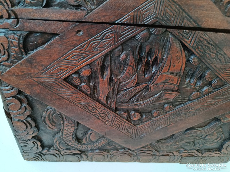 Antique Chinese richly carved brown wood hardwood chest plant sailboat Asia 807 6255