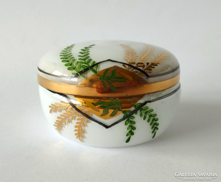 Old richly gilded, hand-painted, white glass bonbonier or piper box