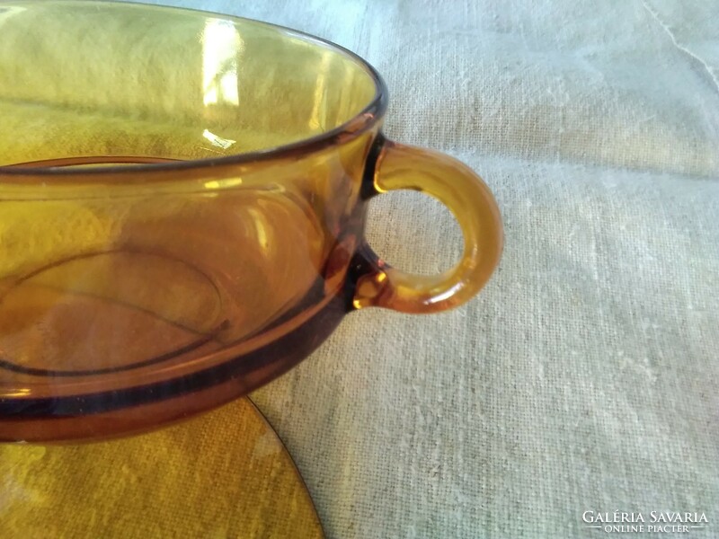 Glass tea set - amber color / cup + plate