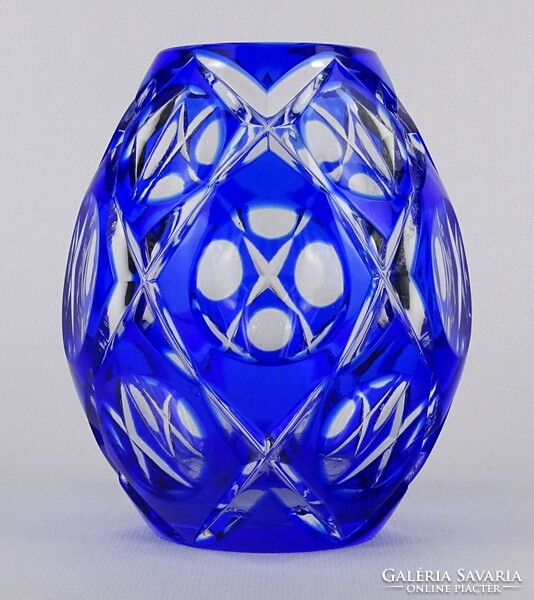 1N963 Régi kék csiszolt kristály váza 13 cm