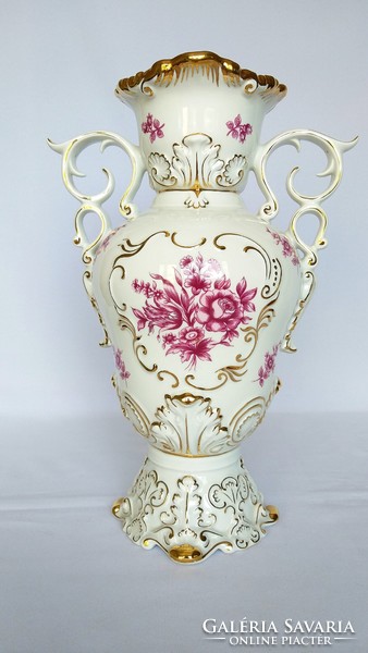 Hollóházi Óriás 36cm nagy Barokk Rózsaszín virágos váza. Hibátlan!