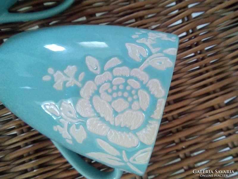 Ceramic cups - in sea blue, with flowers / 2 pcs.