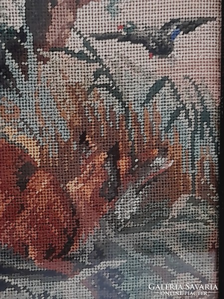 Needle tapestry in a nice old frame, hunting fox, 23.5 x 23.5 cm