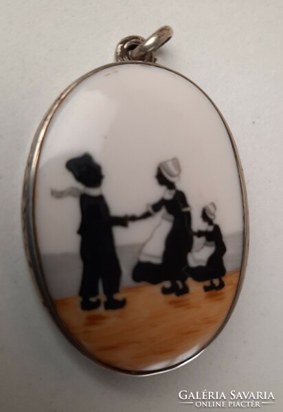 Antique fire enamel picture pendant, with mirror on the back, in a silver frame, with a Viennese dog's head mark