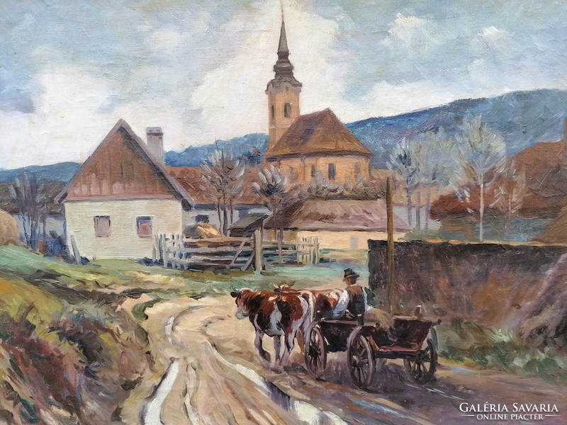 Gyula Méray oil on canvas painting in blonde frame, ox cart 72x93 cm