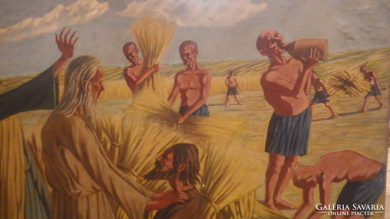 Jézus apostolokkal búzamezőn régi hatalmas olaj-vászon festmény 100x140 cm