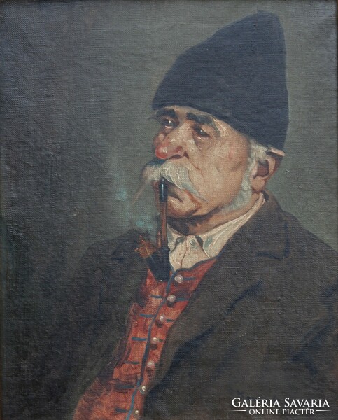 Kasznár Ring Jenő (1875-1945): Pipázó férfi, 1920-as évek - olaj-vászon festmény, eredeti keretében