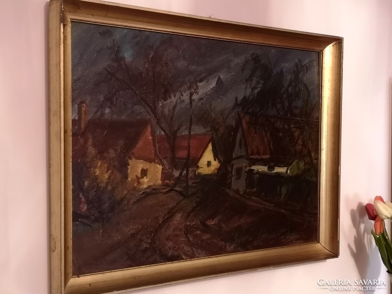 FALUSI TÁJKÉP: Metykó Gyula (1907-1992): Szolnoki Tabán /76 * 55,5 cm/