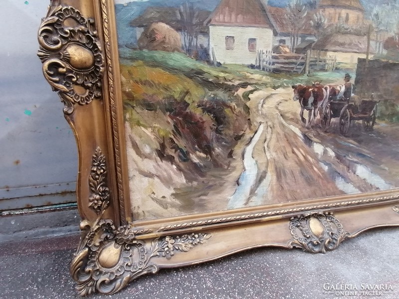 Gyula Méray oil on canvas painting in blonde frame, ox cart 72x93 cm