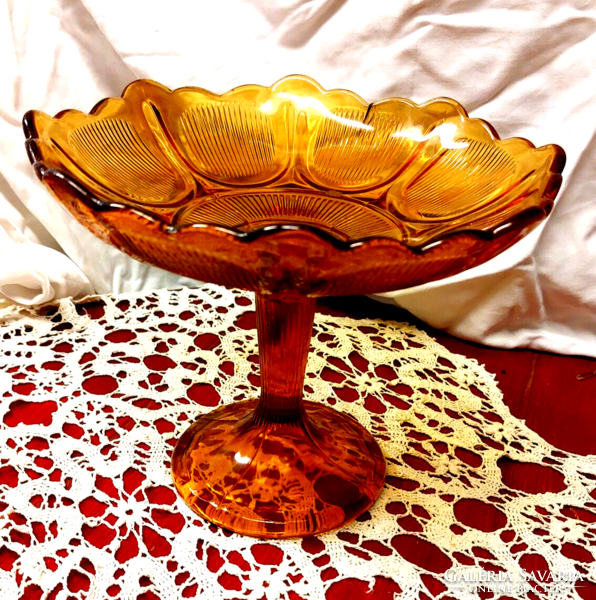 Antique art deco amber glass fruit bowl with stand, centerpiece