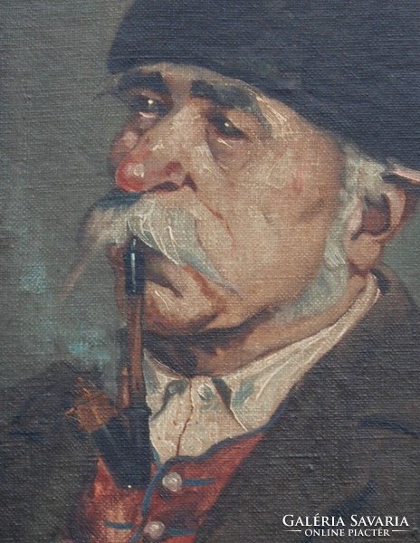 Kasznár Ring Jenő (1875-1945): Pipázó férfi, 1920-as évek - olaj-vászon festmény, eredeti keretében