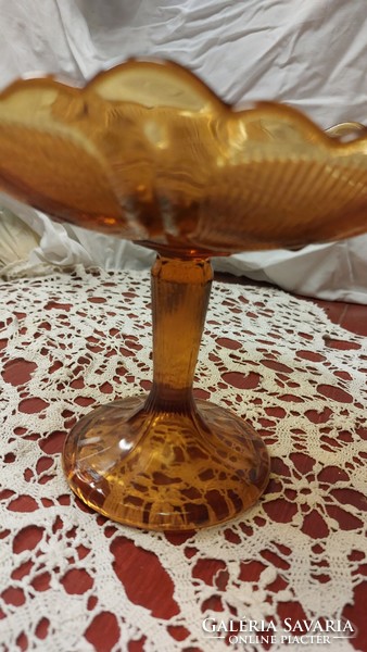 Antik art deco borostyánsárga üveg talpas  gyümölcsös  tál, asztalközép