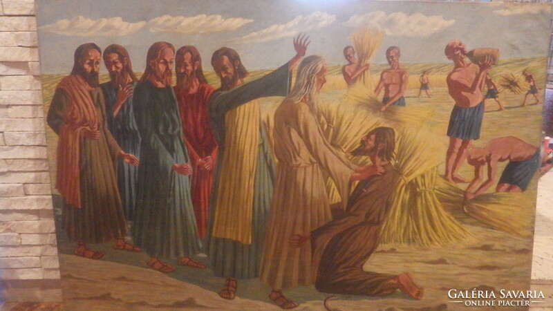 Jesus with the apostles in a wheat field old huge oil on canvas painting 100x140 cm