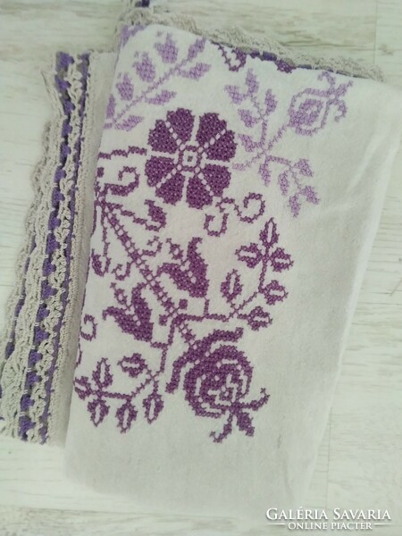 Linen tablecloth - cross stitch / lavender color