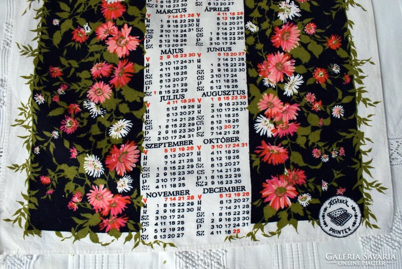 Retro printed tablecloth, calendar, kistexx, printes, 1982, 43 x 54 cm flower pattern