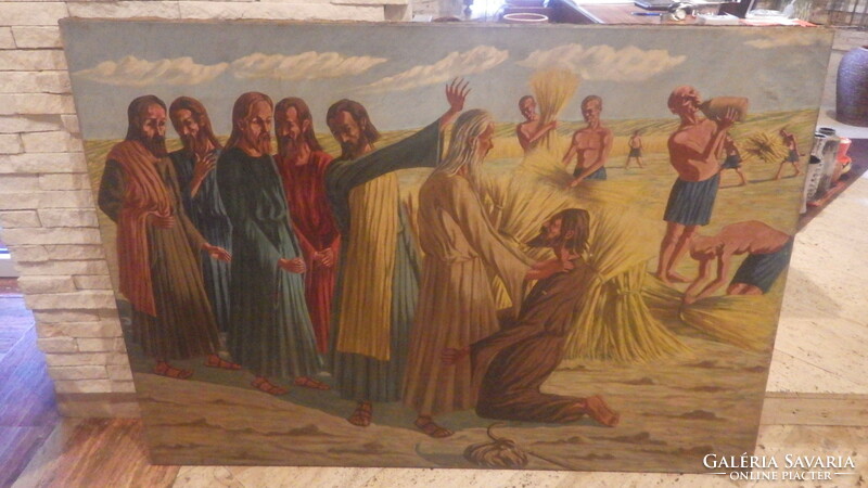 Jesus with the apostles in a wheat field old huge oil on canvas painting 100x140 cm