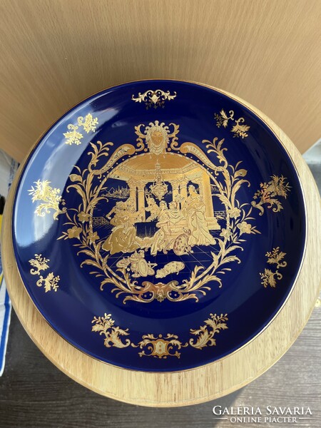 Chinese scene gilded - cobalt blue porcelain decorative plate a55