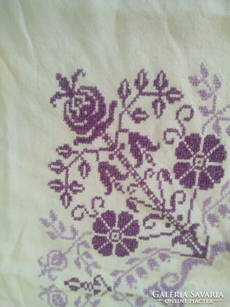 Linen tablecloth - cross stitch / lavender color