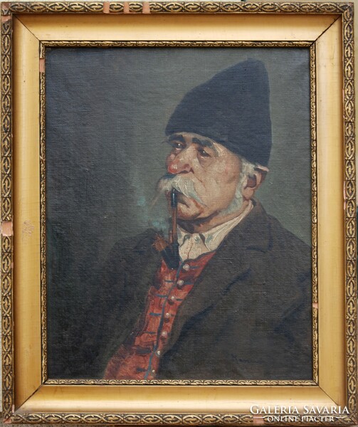 Jenő Kasznár ring (1875-1945): man smoking a pipe, 1920s - oil on canvas painting, in original frame