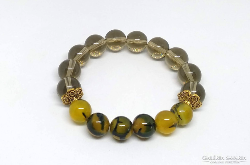 Yellow-black dragon vein agate and smoke colored crystal bracelet