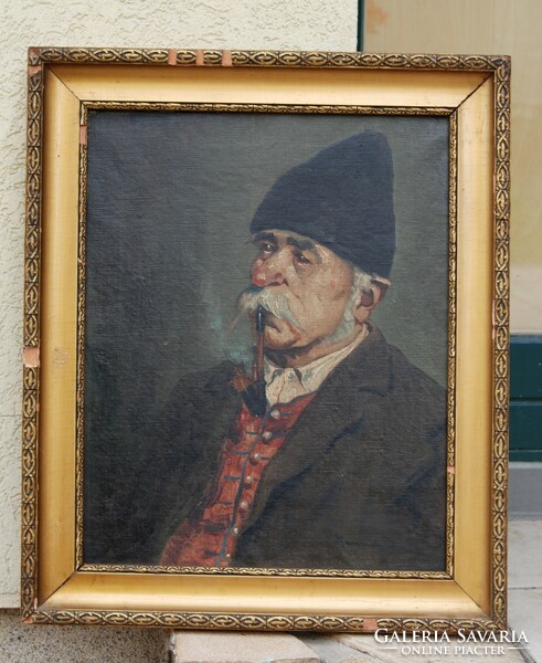 Jenő Kasznár ring (1875-1945): man smoking a pipe, 1920s - oil on canvas painting, in original frame
