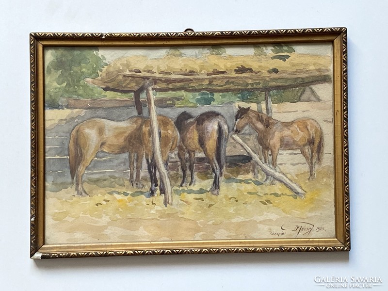 Dr. Pécsy 1924 Abracoló horses marked watercolor painting in original frame